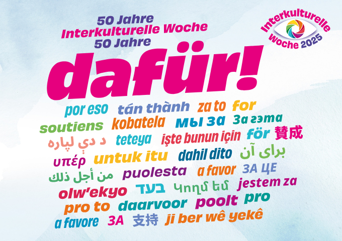 IKW-Motto 2025 "dafür" in vielen Sprachen. Eine Grafik mit dem Motto der IKW 2025 "dafür" in unterschiedlichen Sprachen
