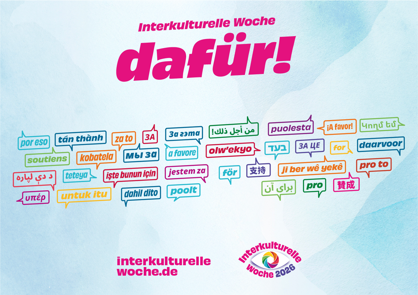 Das Motto der IKW 2026 "dafür!" in vielen Sprachen