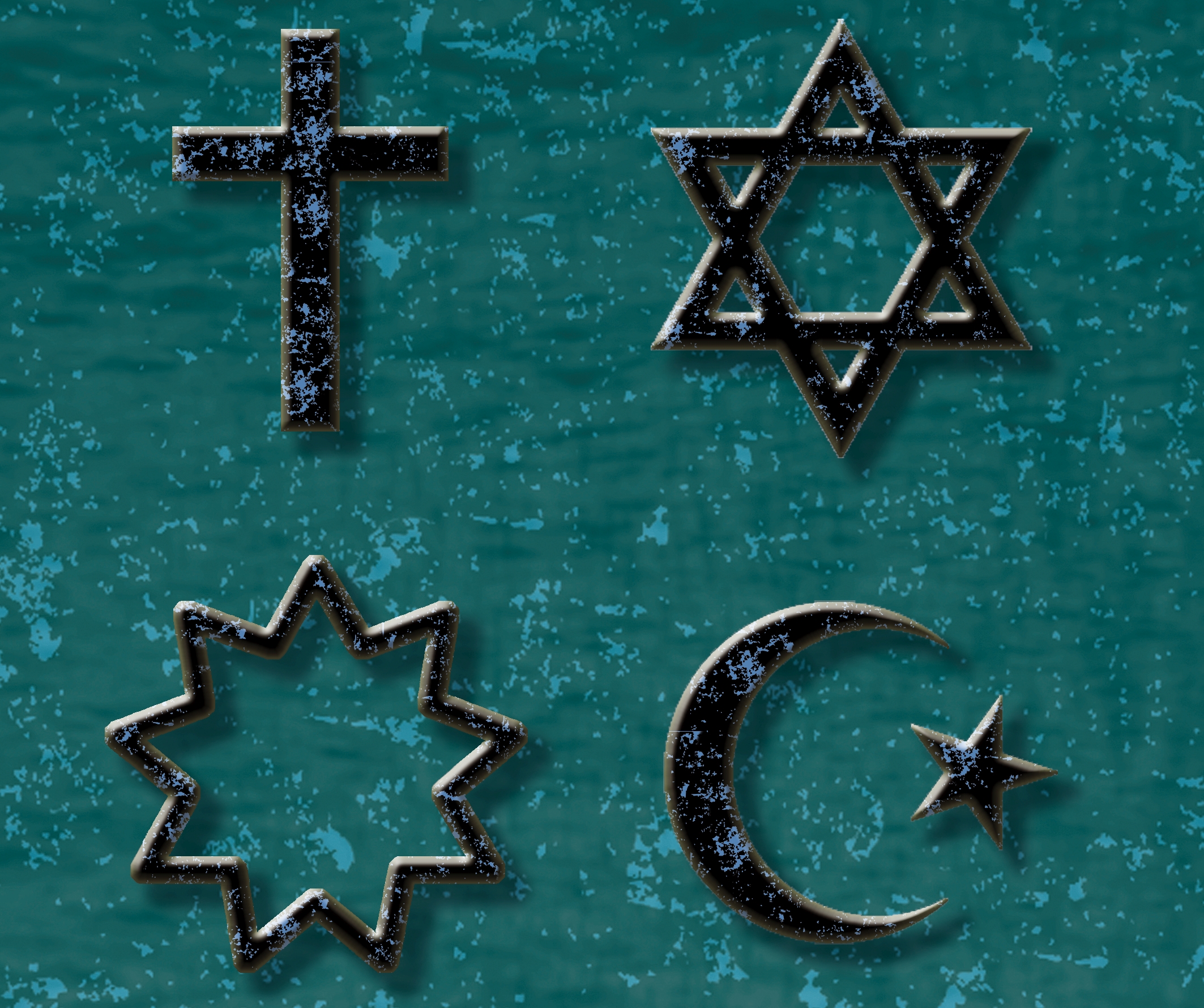 Vier Religionssymbole (im Uhrzeigersinn von oben links): Christentum, Judentum,  Islam und Bahá’í.
